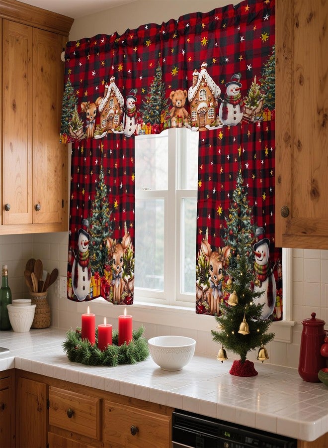 bnhjsdw 3 Pieces Christmas Kitchen Curtains Set, Plaid & Snowflake & Holly Xmas Curtains for Kitchen - Light Filtering, Easy Install Red Valances for Christmas Window Decor - Image 3